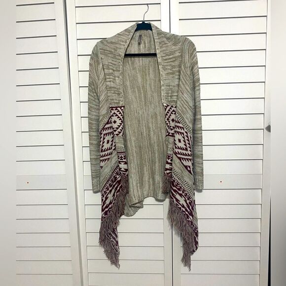 Sweaters - Women's Beige and Burgundy Patterned Sweater